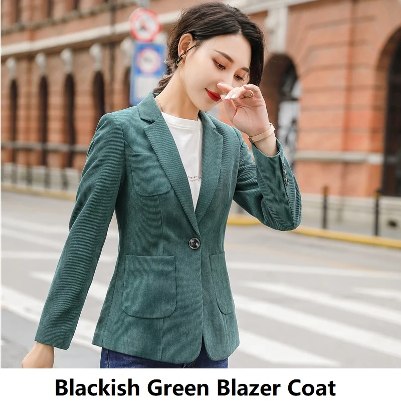 Blackish Green Высокое качество Вельветовая ткань OL стили для женщин блейзеры куртки пальто с длинным рукавом с карманами для дам Профессиональный Blaser Топы - Цвет: Blackish Green