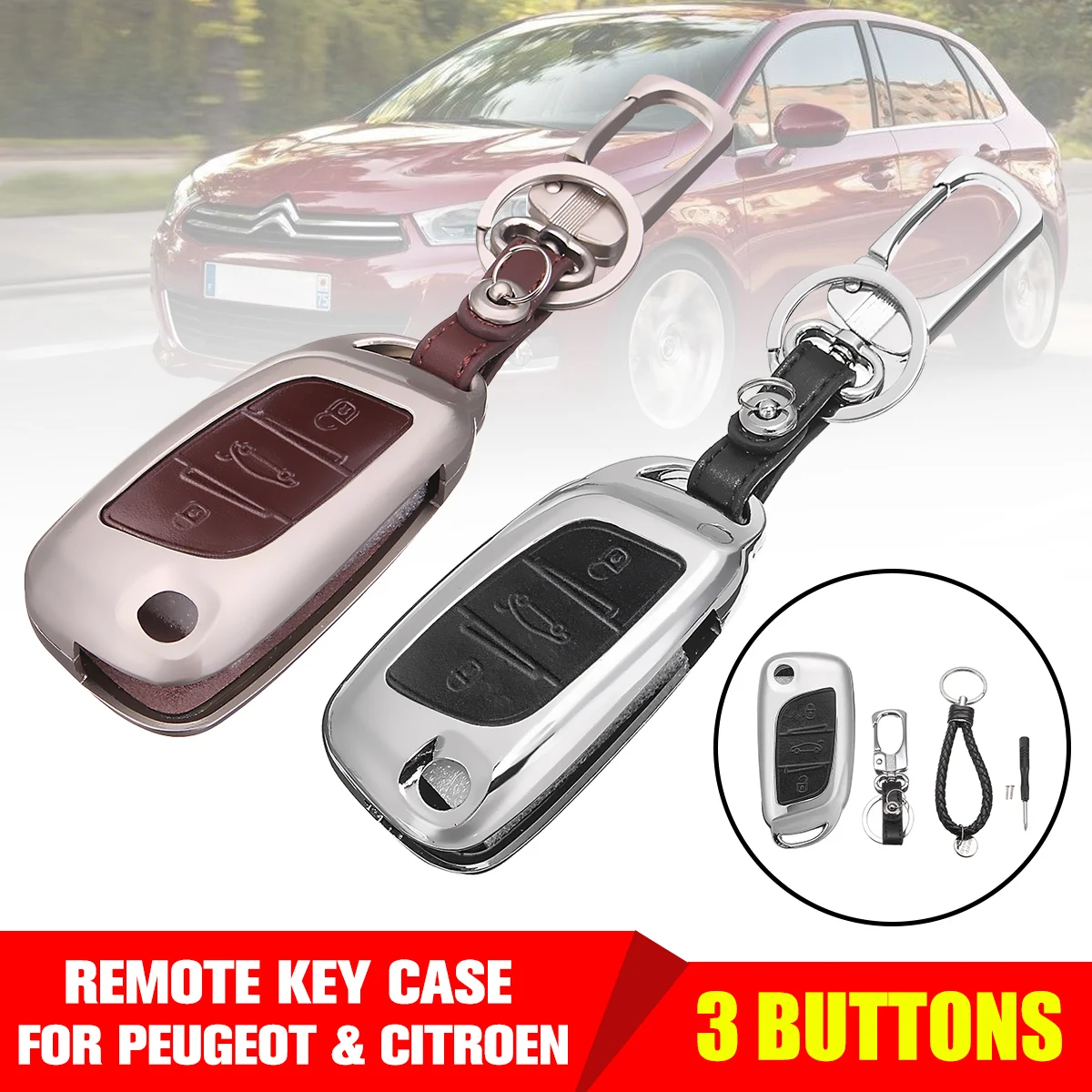 

Car Remote Key Case Shell Cover w/ Chain Zinc Alloy & Leather For Peugeot for Citroen C4 C5 C6 C4L Cactus DS4 DS5L DS6 Elysee