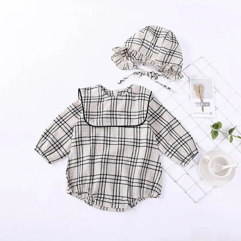

New Spring Baby Tops Clothes Cotton Plaid Pattern Infant Long Sleeve Jumpsuit+Hat Newborn Suit 2 Pcs Children's Fantasy