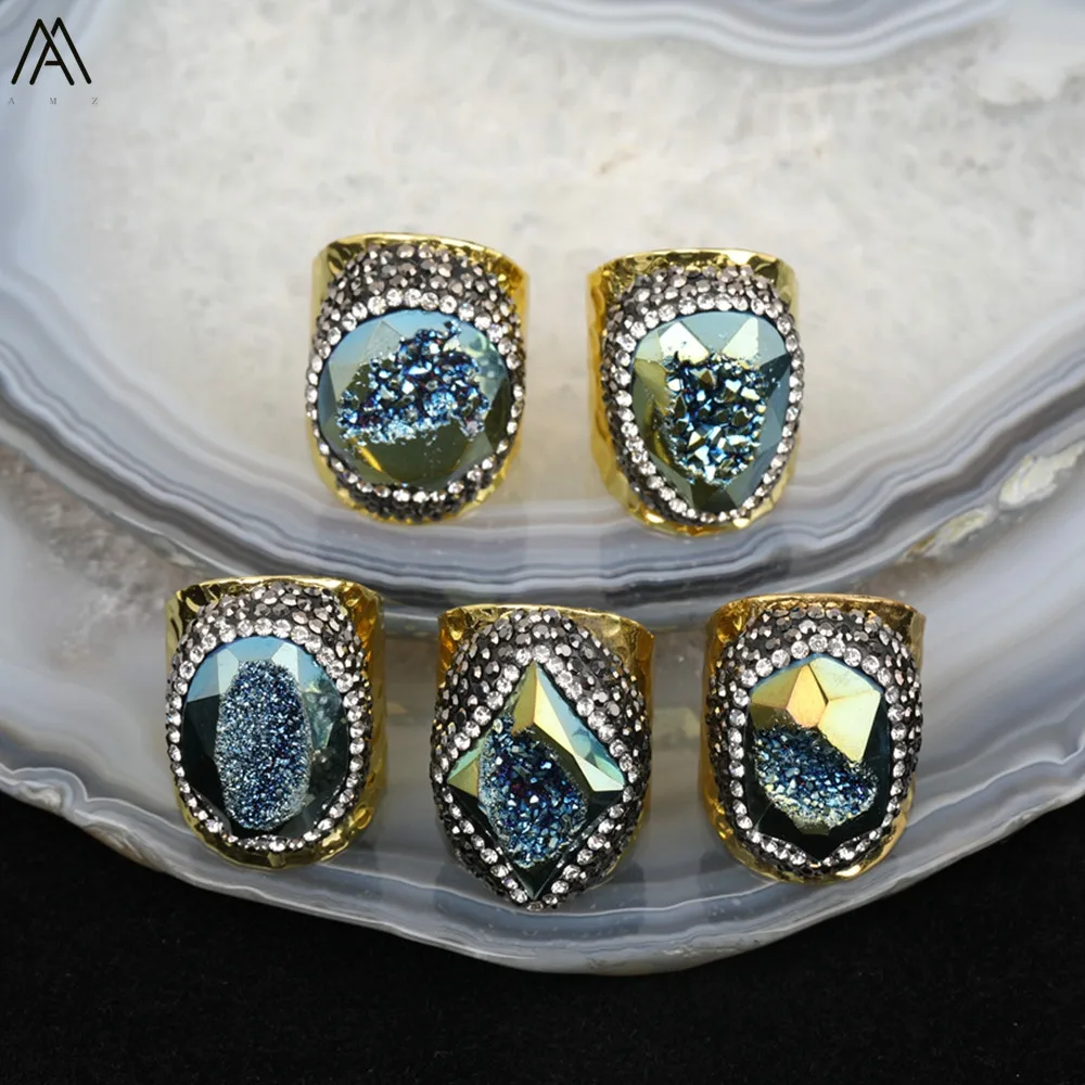 

5PCS Plated Green Agates Copper Rings Sales,Freeform Druzy Agates Rings Paved Rhinestone For Women Men Birthday Gift HS-21AMAI