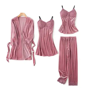 

Pink Velour Pajamas Set Autumn Winter 4PCS Sleepwear Sexy Lace Sleep Set Women Velvet Pyjamas Suit Loose Nightwear Home Clothes