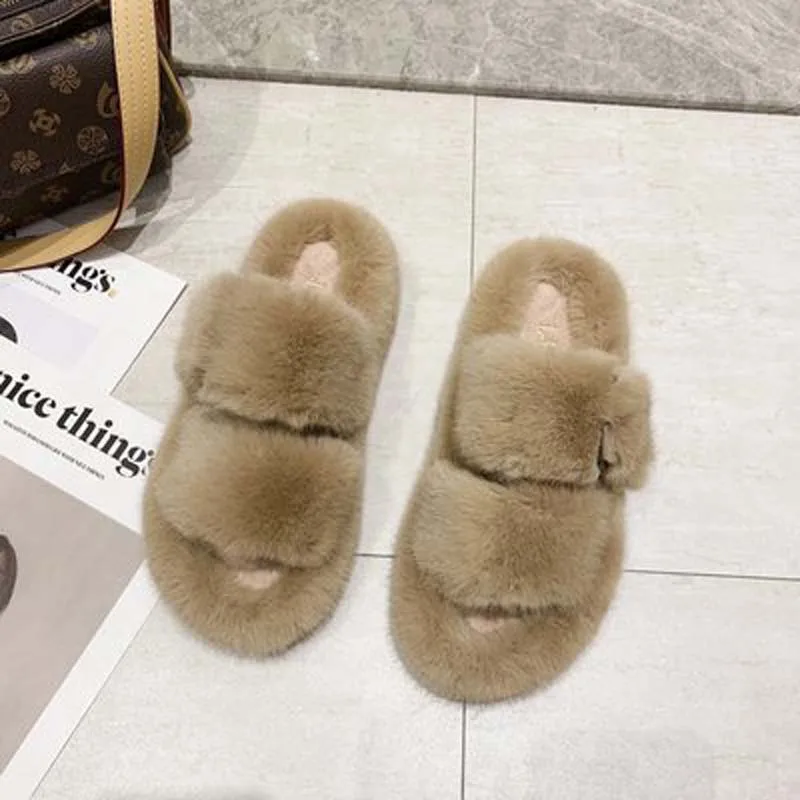 

2020 winter Korean net red fur Women's shoes female flat word with fur slippers fashion thick bottom home lazy slippers women