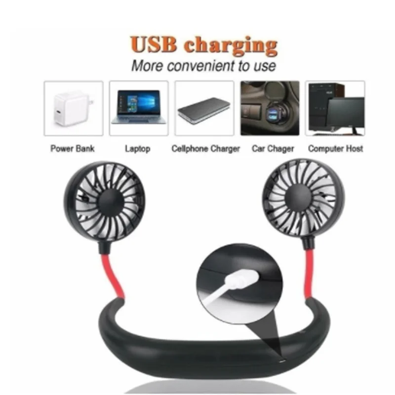 Летний USB Перезаряжаемый спортивный двойной вентилятор, свободные руки, ленивый шейный ремень, подвесной мини-охладитель воздуха, портативный, 3 скорости, большой аккумулятор