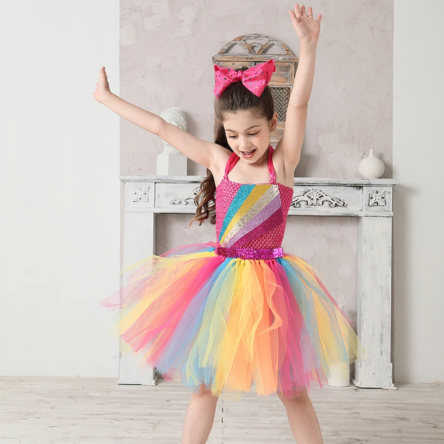 Jojo Siwa Inspired Girls Tutu Dress with Deluxe Bow Sparkly Rainbow Girls Princess Dress Kids Birthday Party Halloween Clothes (22)