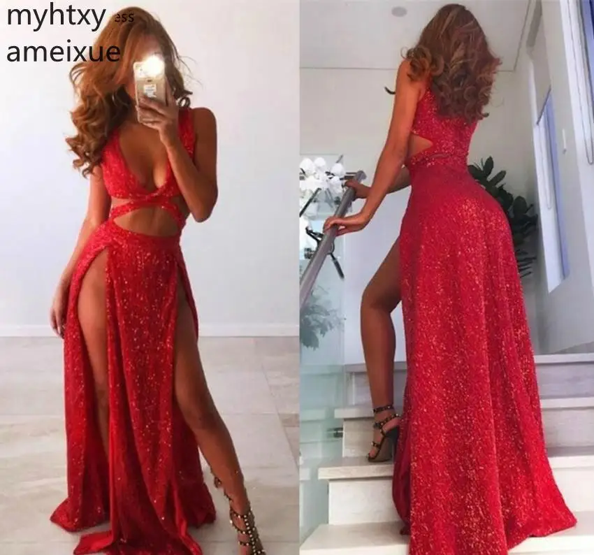 New Arrival Red Sexy Prom Dresses Custom Plus Size Prom Sleeveless V-neck Floor-length Sweep A-line Natural Sequin Cut-out