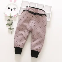 Г. Осень-зима, стиль, детские штаны в Корейском стиле, в горошек, с кружевной талией повседневные штаны для девочек прямые поставки, плотные