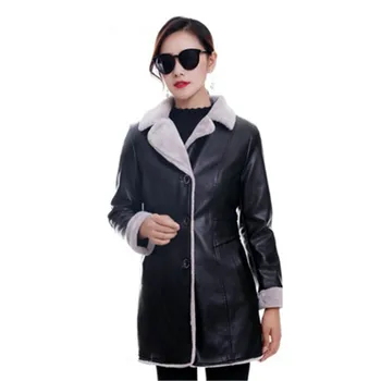 

Winter faux leather coat women red black plus size lapel PU top jacket 019 new loose fashion plus thick warmth long jacket JD684