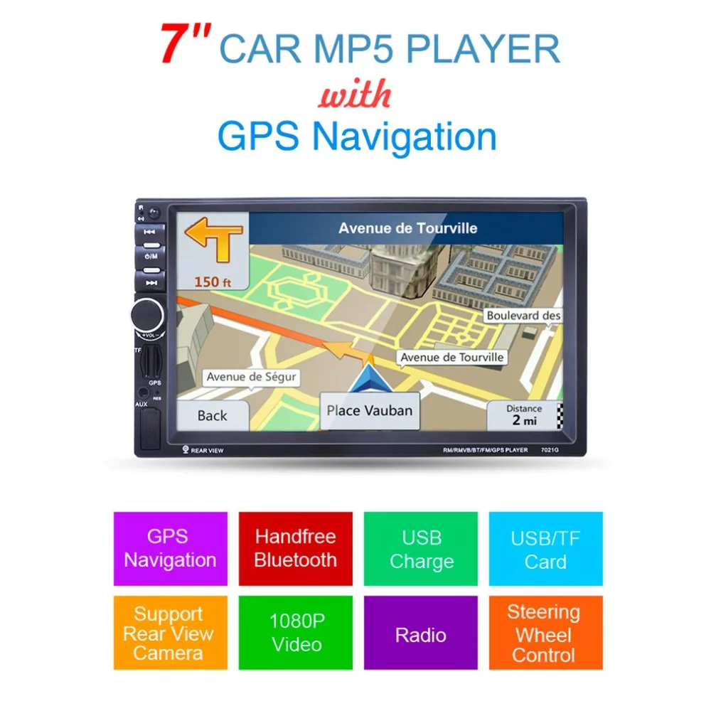 

7021G 7-Inch 1080P HD Touch Screen Car MP5 Player GPS Navigation Handsfree Bluetooth FM Radio Tuner AUX Audio Input