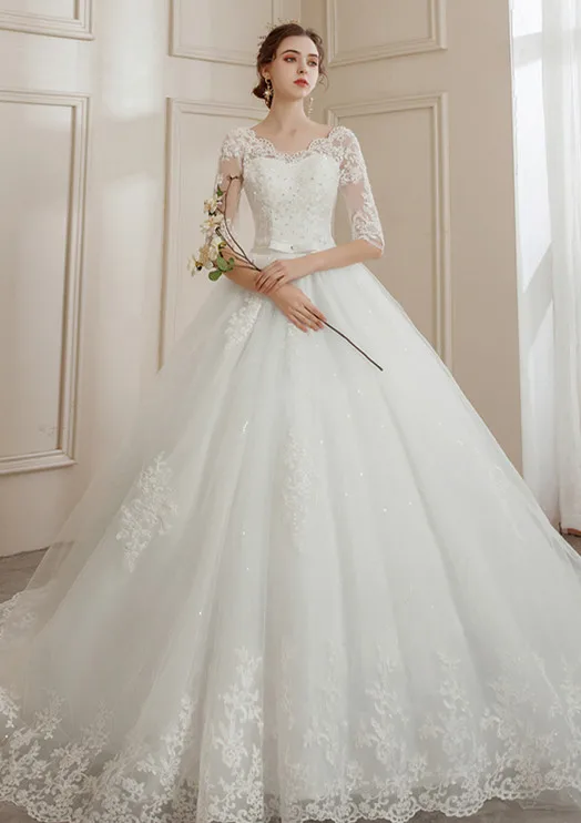 affordable wedding dresses Brides Ball Gowns Lace Embroidery Half Sleeve Fashion Classic V Neck Wedding Dresses Sequined Simple Vestido De Noiva  plus size short wedding dresses Wedding Dresses