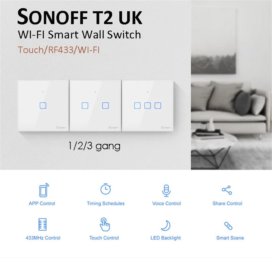 Интеллектуальный выключатель света Sonoff T2 UK интеллектуальная беспроводная(Wi-Fi) RF433/приложение ewelink/сенсорный экран Управление настенный светильник Переключатель 1/2/3, обновление от Sonoff T1, для Alexa