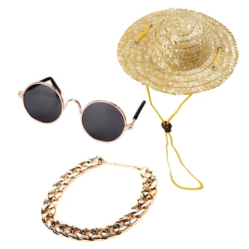 

Pet Sunglasses for Cat Dogs Eyes Protection Sun Glasses Necklace Straw Hat Puppy Photos Props Eyewear