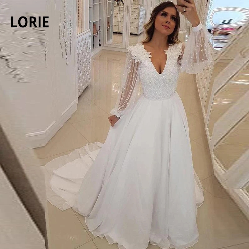 

LORIE Long Sleeve Wedding Dress Boho Lace Appliqued with Beading Skirt Chiffon A-line Beach Bridal Gowns Princess Party Dress