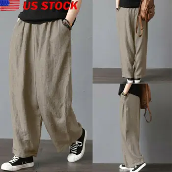 

US 2019 Men's Cotton& Linen Wide Leg Pants Bloomers Loose Casual Summer Trousers