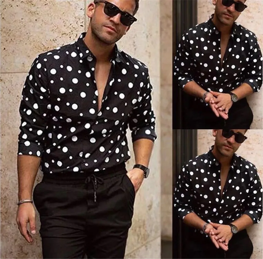New Mens Shirt Vintage Boho Dot Long Sleeve Elegant Dress Shirts Men Casual Formal Party Shirts Tops Camisa Slim Fit Hombre
