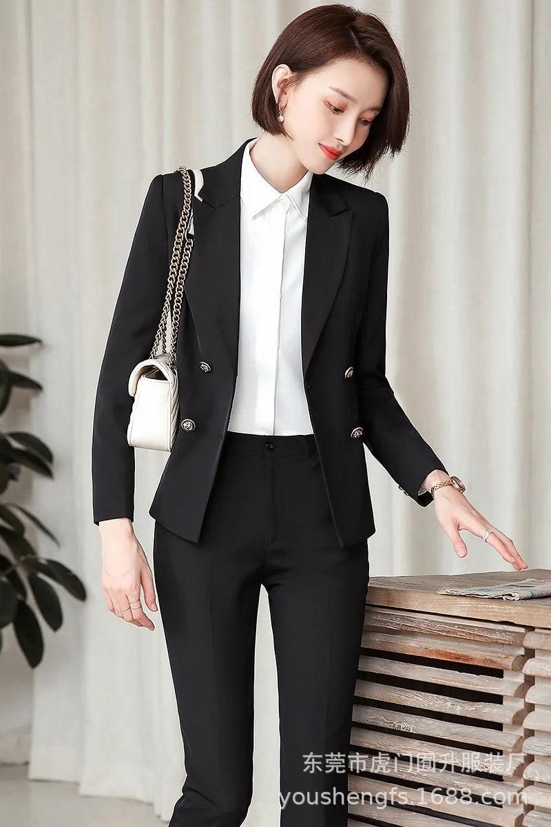 Pants and suit-A Большие размеры, S-4XL, высококачественные повседневные женские костюмы, Осенний Повседневный двубортный костюм с длинным рукавом, женский тонкий брючный костюм - Цвет: Pants and suit-A