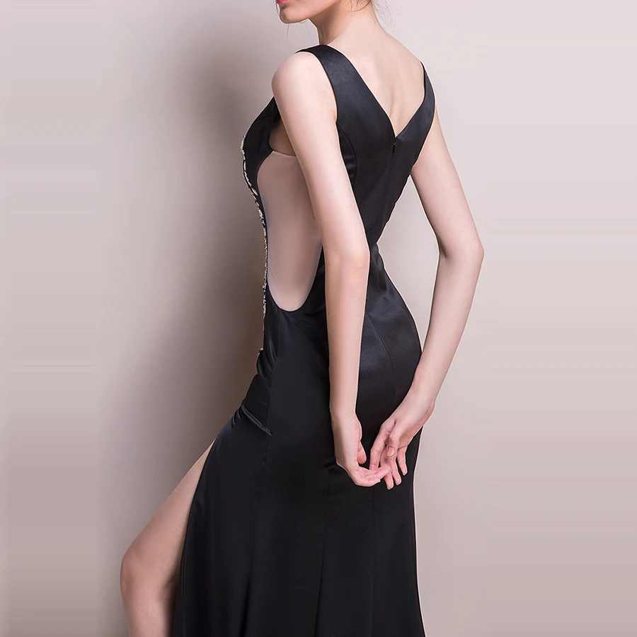 Skyyue вечернее платье Черное длинное с разрезом элегантное от платья H105 Robe De Soiree сексуальное вечернее платье с v-образным вырезом без рукавов с блестками