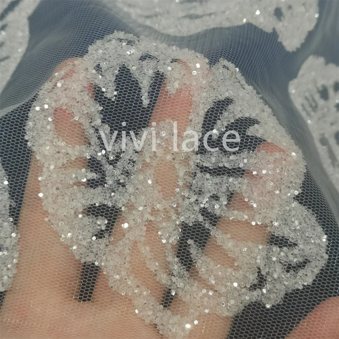 

Floral Luxury Couture 5 Yards Bling Glued Glitter Tulle Lace African Fabric For Sawing Dress/Party Occasion
