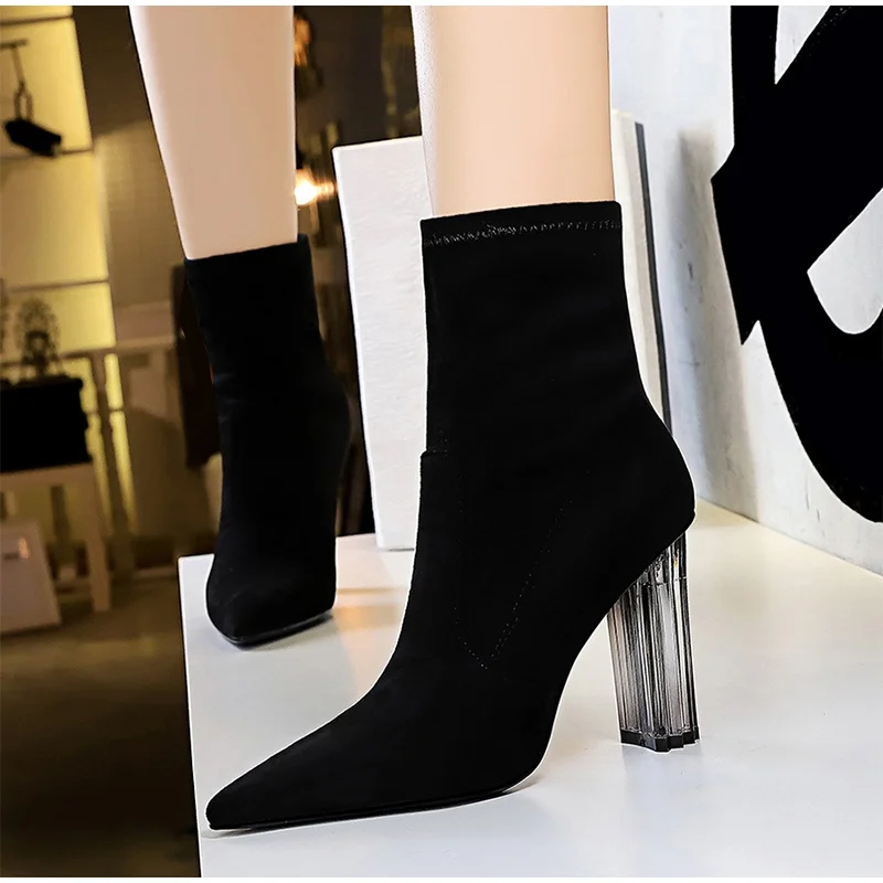 Women's Ankle Boots Sock Shoes Winter Warm High Heels Flock Pointed Toe Slip On Elegant Ladies Boot 2020 Autumn Hot Comfort Shoe