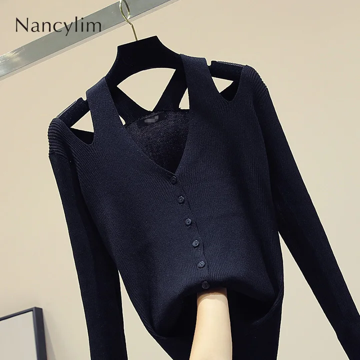

Thin Sweater for Women Sexy Off Shoulder Knitted Shirt Jacket Autumn 2019 New Slim Black Long Sleeve Sweater Body Jumper Lady