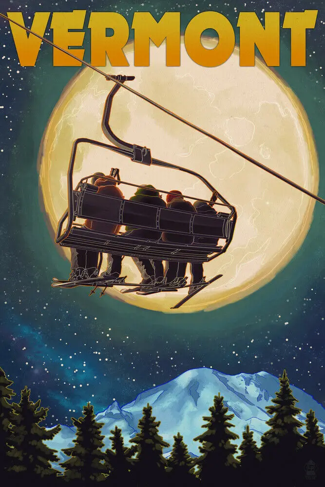 VT Ski Lift & Full Moon LP произведение искусства (плакаты деревянные и металлические