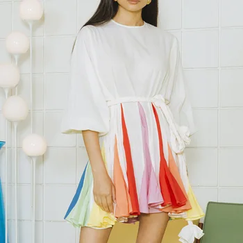 

2020 Summer Autumer Contrast Color Pleated Holiday Women's Dress O Neck Long Sleeves Mini Sash Beach Style Hippie Gypsy Vestidos