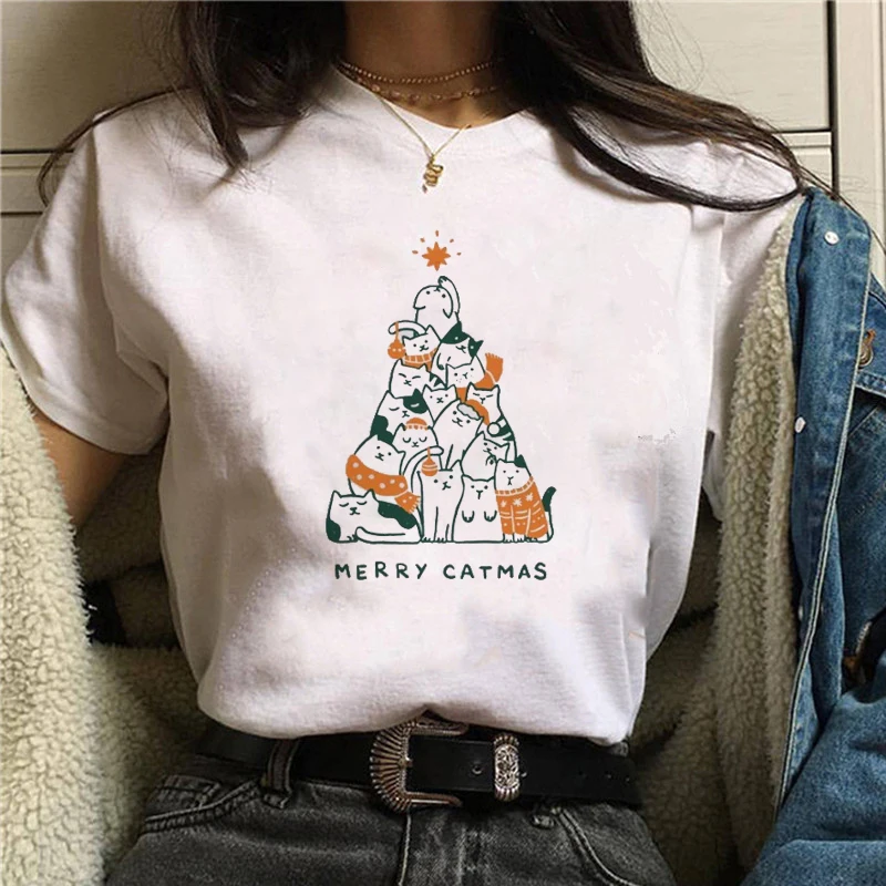 Новогодние майки Merry Catmas футболка для женщин Забавный принт кошка деревья
