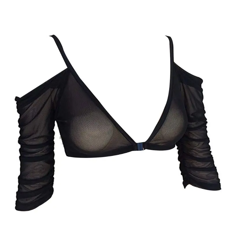 

Women Sexy Sheer Mesh Crop Top Off Shoulder V-Neck Half Sleeve Backless Bralette High Quality