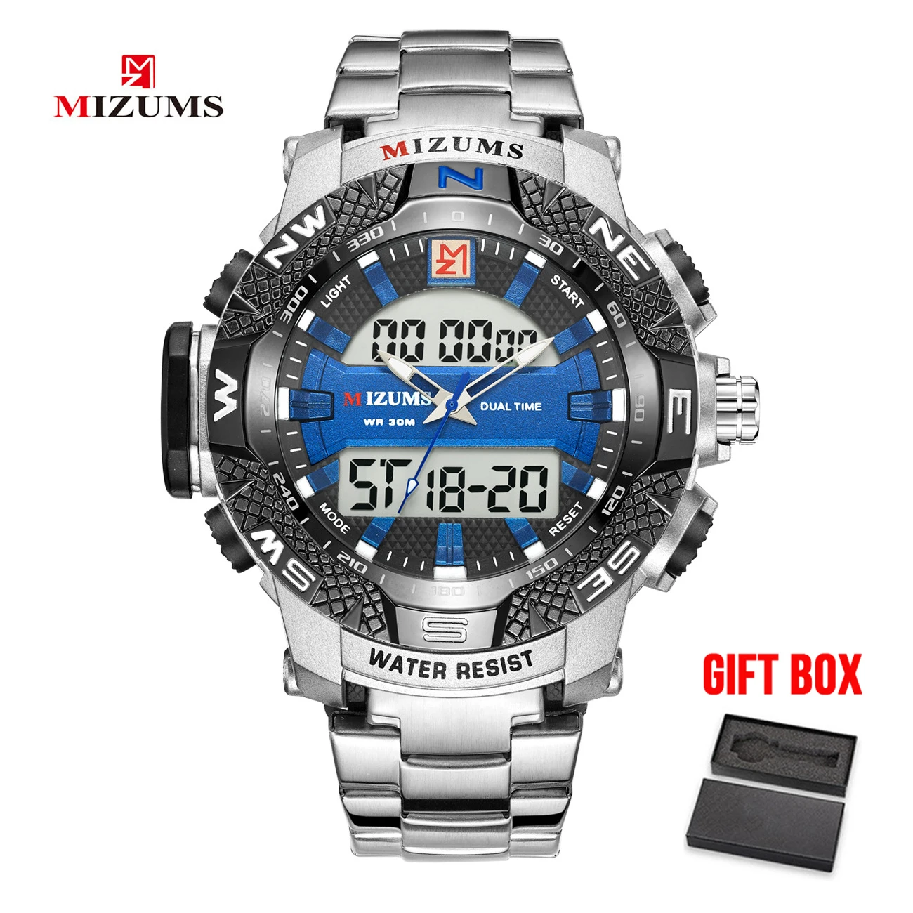 silver blue with box Mizums, брендовые кварцевые часы, мужские спортивные часы, мужские стальные военные водонепроницаемые золотые светодиодный цифровые часы для мужчин, Relogio Masculino - Цвет: silver blue with box