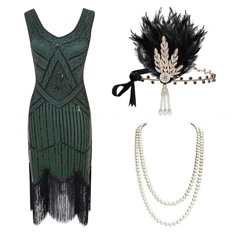 green-set 1920s размера плюс Гэтсби блесток бахромой платье Пейсли Арт Деко Хлопушка рукав платье с 20s аксессуары набор xs, s, l, m, xl, xxl - Цвет: green-set