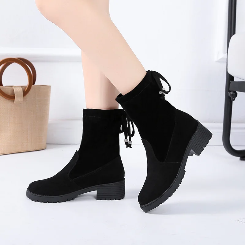 

2018 Autumn And Winter New Style Korean-style Short Boots Women's Versatile Flat Heel Students Short Boots Slanted Heel Stretch