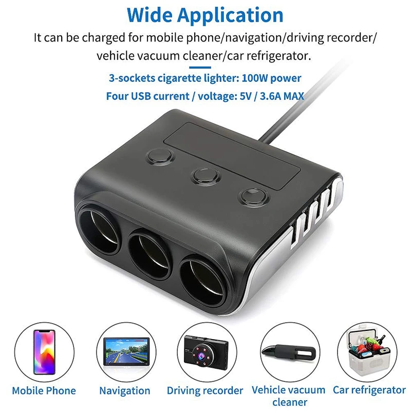 Разветвитель Прикуривателя с 3 розетками 100 Вт 12 В/24 В С 4 USB портами|Зажигалка| |