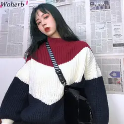 Woherb 2019 новый корейский свитер Uzzang Свободный пуловер Harajuku Женский Цветной контрастный трикотаж милые полосатые Джемперы 23025 для девочек