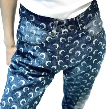 

2020 Spring Summer Women's Printed Moon Pattern Slim Panel Crescent Logo Ankle-lenght Jeans Pants