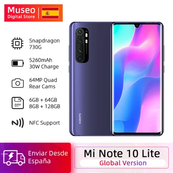 Перейти на Алиэкспресс и купить Глобальная версия мобильных телефонов Xiaomi Mi Note 10 Lite, 6G, 64G, 64 мп, четыре камеры, 6,47 дюймов, изогнутый AMOLED экран, 5260 мАч, 30 Вт, быстрая зарядка