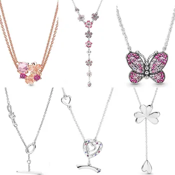 

Peach Blossom Knotted Hearts Lucky Four-leaf Clover Butterfly Necklace For Women Gift Pandora DIY Jewelry 925 Sterling Silver