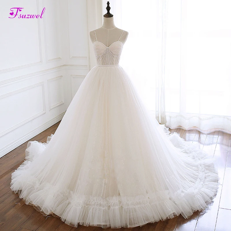 

Fsuzwel Charming Sweetheart Neck Lace Up A-Line Wedding Dresses 2020 Luxury Beaded Spaghetti Straps Bridal Gown Vestido de Noiva
