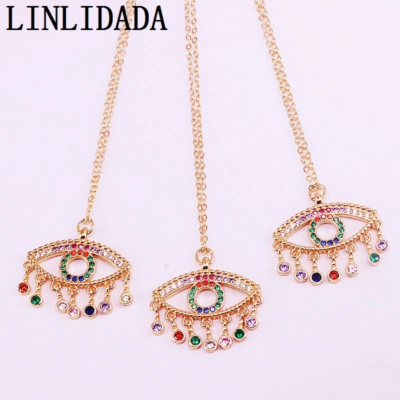 

8Pcs 2019 Fashion Multi Colorful CZ Zirconia Micro Paved Gold Colors Eye Pendant Necklaces For Women Jewelry
