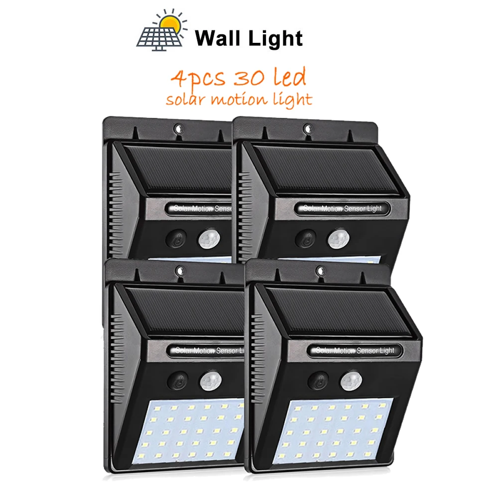 

4 pcs PIR Motion Sensor 30LED Solar Light Outdoor Solar Powered LED Garden Light Waterproof Emergency Wall Lamp street wall yard