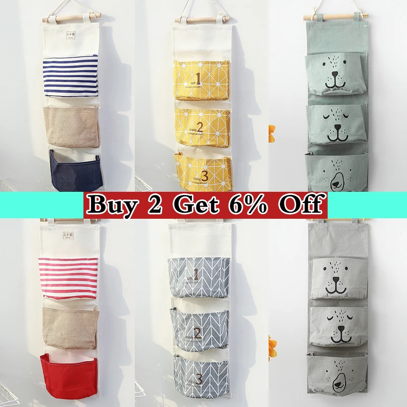 

3 Pockets Wall Hanging Storage Bag Cosmetic Toy Organizer Wardrobe Cotton Linen Bathroom Storage Pouch Sundries Organize basket