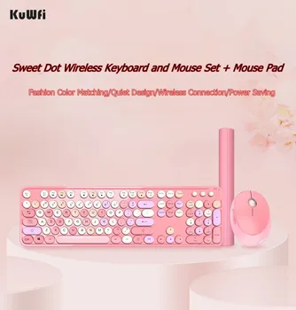 شراءجديد 3 في 1 Kuwfi الحلو مختلط اللون ريترو جولة Keycap 2.4 جيجا هرتز اللاسلكية لوحة مفاتيح وماوس مجموعة لطيف فتاة 104 مفتاح تصميم