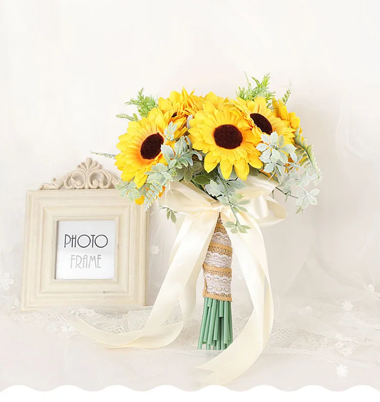Ribbon Silk Yellow Sunflower Aritificial Handmade Bridal Bouquet for Wedding Indoor Decoration Party Event Supplies