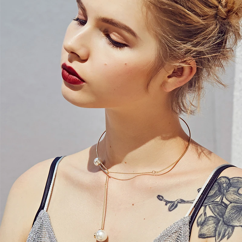 

HUANZHI Imitation Pearls Tassel Choker Gold Color Metal Elegant Chic Short Chain Necklaces For Women Party Travel Jewelry Gifts