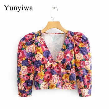 

2020 Women's V-neck Printed Top High Waist Short Sleeve Shirt Womens Blouse Sexy Party Shirts Tops Clothing Blusas Mujer De Moda
