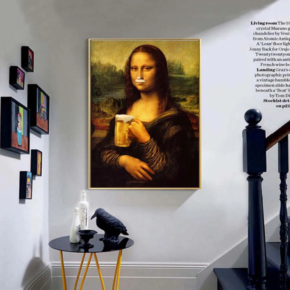 Настенное искусство Мона Лиза питьевое пиво украшение картина леonardo Da Vinci Смешные фигурки Куадрос Decoracion Dormitorio настенный холст