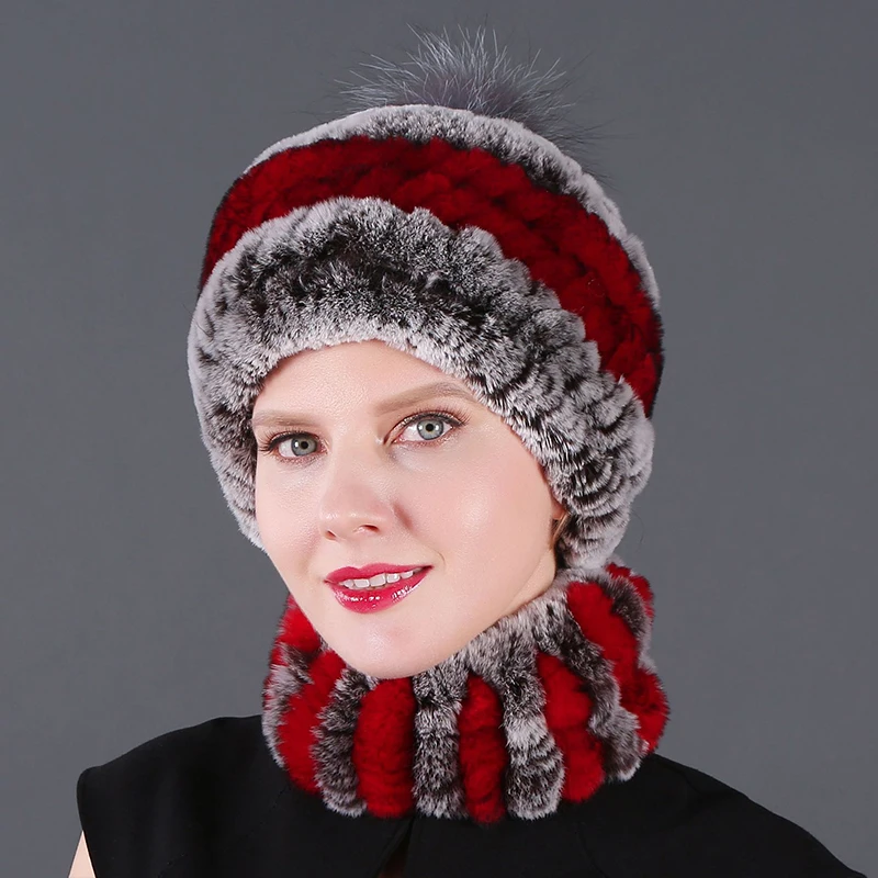 

Newest Elastic Knitted Rabbit Fur Beanies And Collars with Fox Pomom Genuine Fur Winter lady Cap Real Fur Bomber Hat & Scarf