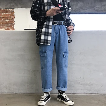

Autumn New Jeans Men Fashion Washed Solid Color Casual Multi-pocket Denim Pants Man Streetwear Wild Hip-hop Straight Jeans