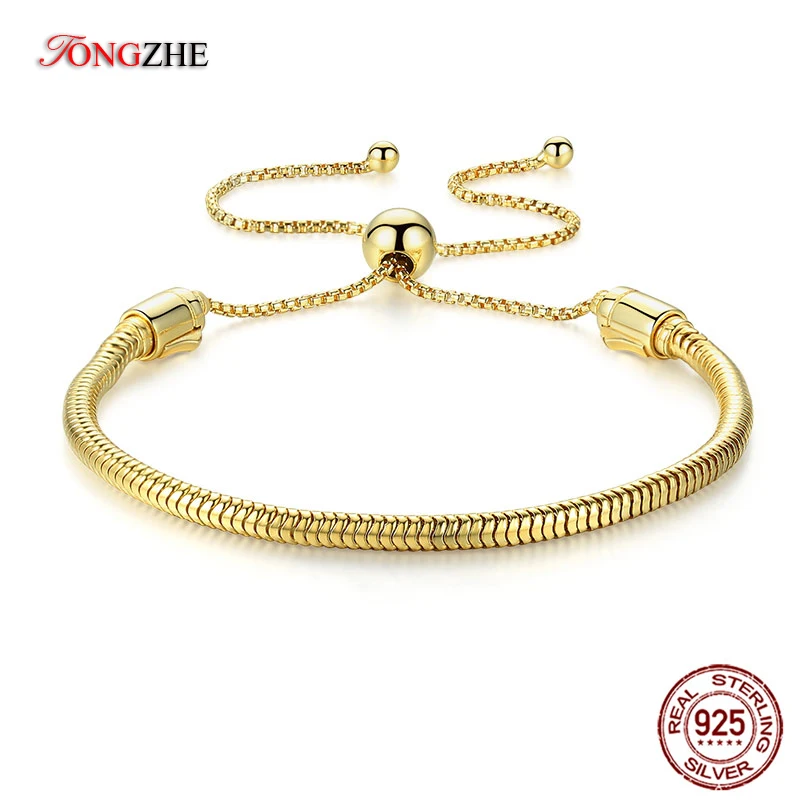 

TONGZHE Original Gold 100% 925 Sterling Silver Bracelets With Beads DIY Bangles Men Women Fine Jewelry Snake Chain