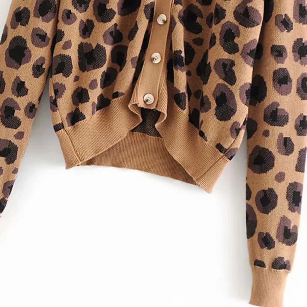 Vintage leopard print cardigan sweater women Long Sleeve knitted v-neck buttons short cardigan Casual female outwear Jacket 9.27
