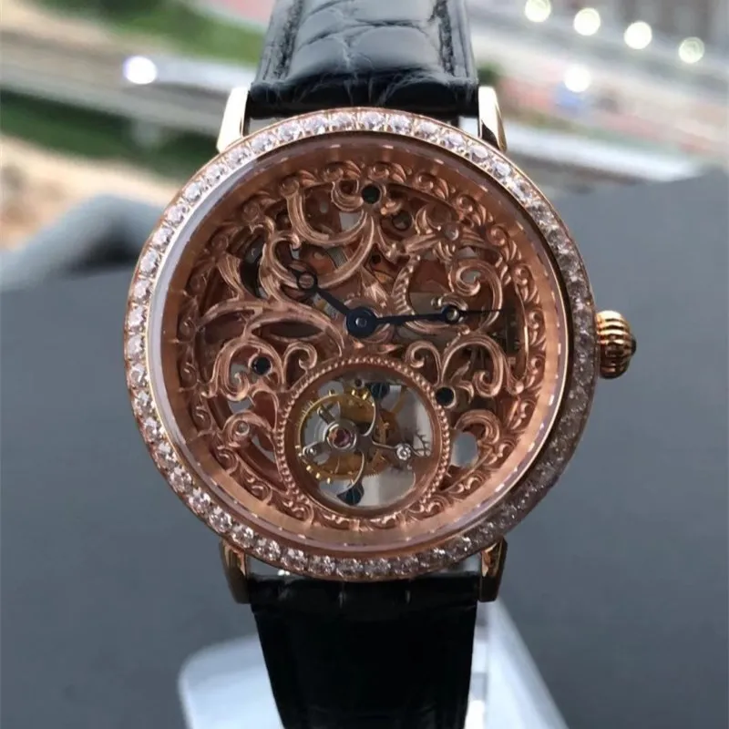 Топ Роскошный Полный Кристалл Алмаз ST8000 Tourbillon часы для женщин Скелет сапфировый циферблат Крокодиловая Кожа Мужские механические часы
