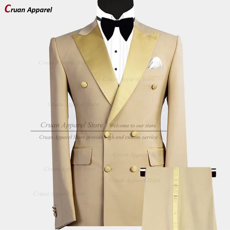 Latest Champagne Wedding Suits For Men Slim Fit Double Breasted Fashion